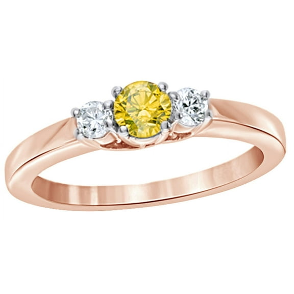 Round Cut Yellow & White Natural Diamond Three Stone Ring in 14k Rose Gold (0.5 Cttw)