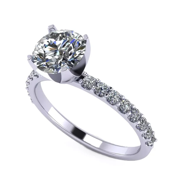 Round Cut Zirconia Solitaire W/ Side CZs Engagement Ring - 6.5mm (1.00ct) - 10K White Gold - Size 7.5
