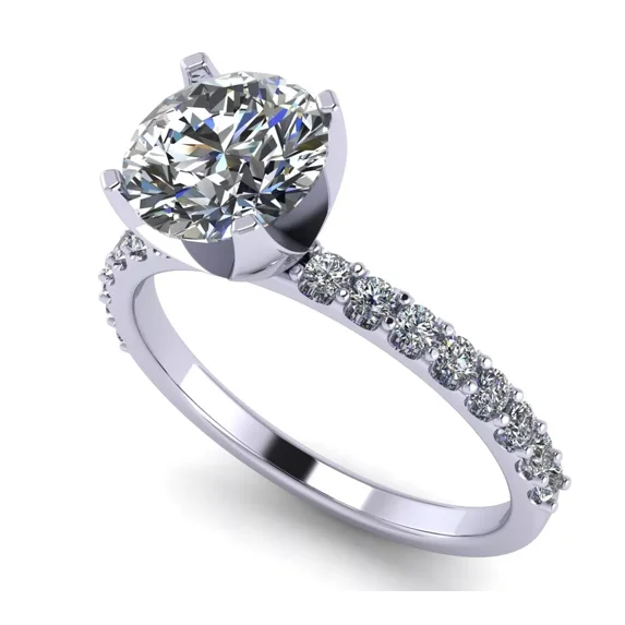 Round Cut Zirconia Solitaire W/ Side CZs Engagement Ring - 7.5mm (1.50ct) - 10K White Gold - Size 6