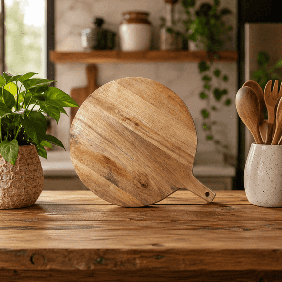 Round Cutting and Chopping Board with Handle for Meat, Cheese, Vegetables, Bread & Charcuterie, Decorative Wooden Serving Board, Large 12 x 12 inch