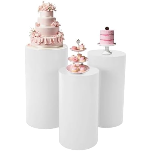 Round Cylinder Pedestals Stands Display, Set of 3 White Plinth Pillars Cake Display Rack Metal Pedestal Stand, Cylindrical Display Stands for Decor Party Birthday Wedding