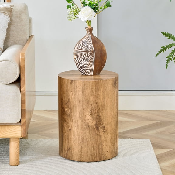 Round Cylindrical Coffee Table, 11.8" Diameter x 15.7" Height Wooden Side Table, Minimalist Wood Grain Accent Table for Living Room, Bedroom or Office, No Assembly