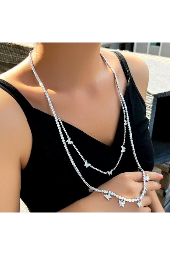 Round Dangle Drop Butterfly Charms Necklace Cubic Zirconia Long Chain for Brides