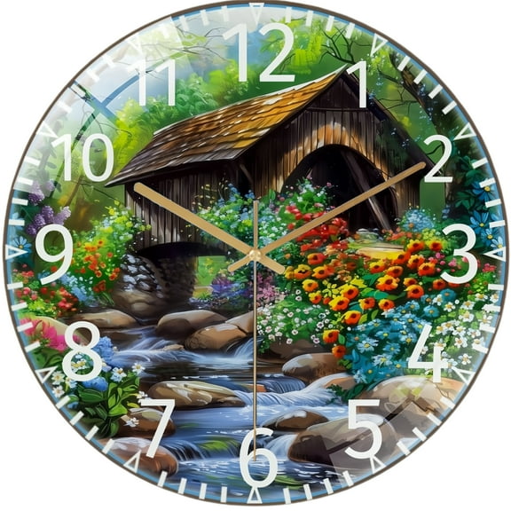 Round Decorative Clock: Covered Bridge Stream Glass Wall Clock,Creek Country Decor Wall Clock for Homes, Bars, Offices, Man Caves, Garages, And Living Rooms .Also Makes A Great Gift. Style 12×12inc