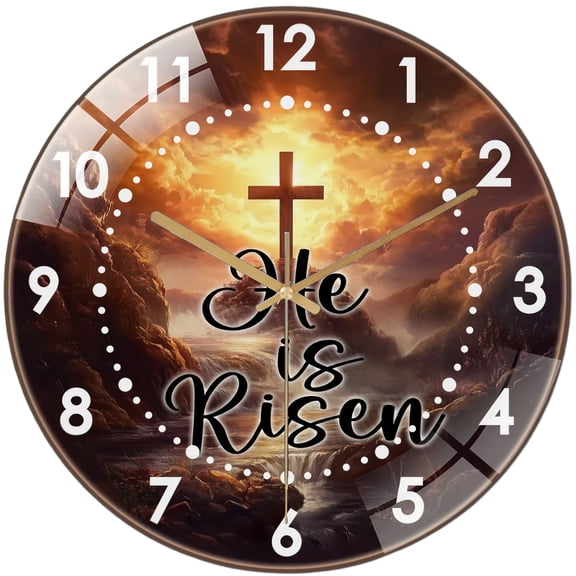 Round Decorative Clock: Cross He Is Risen Glass Wall Clock, Easter Christian Wall Clock for Homes, Bars, Offices, Man Caves, Garages, And Living Rooms .Also Makes A Great Gift. Style 1212inch