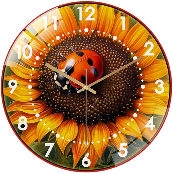 Round Decorative Clock: Lady-bug on A Sunflower Glass Wall Clock, Ladybug Sunflower Ladybug Wall Clock for Homes, Bars, Offices, Man Caves, Garages, And Living Rooms .Also Makes A Great Gift.