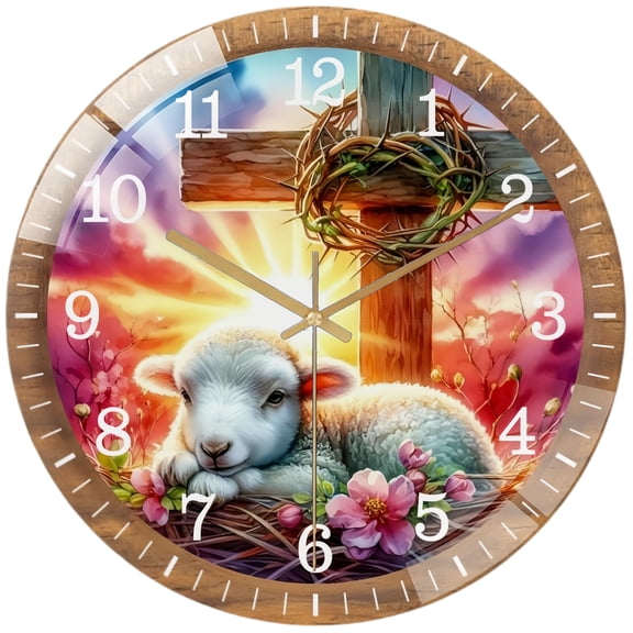 Round Decorative Clock: Lamb at The Cross Easter Glass Wall Clock, Easter Christian Home Decor Wall Clock for Homes, Bars, Offices, Man Caves, Garages, And Living Rooms .Also Makes A Great Gift.