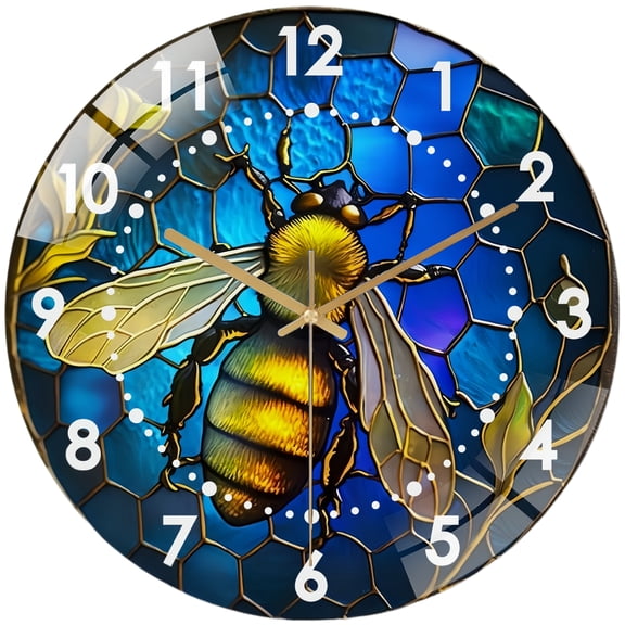 Round Decorative Clock: Stained Glass Honey Bee Glass Wall Clock,Bee Decor Wall Clock for Homes, Bars, Offices, Man Caves, Garages, And Living Rooms .Also Makes A Great Gift. Style 1212inch
