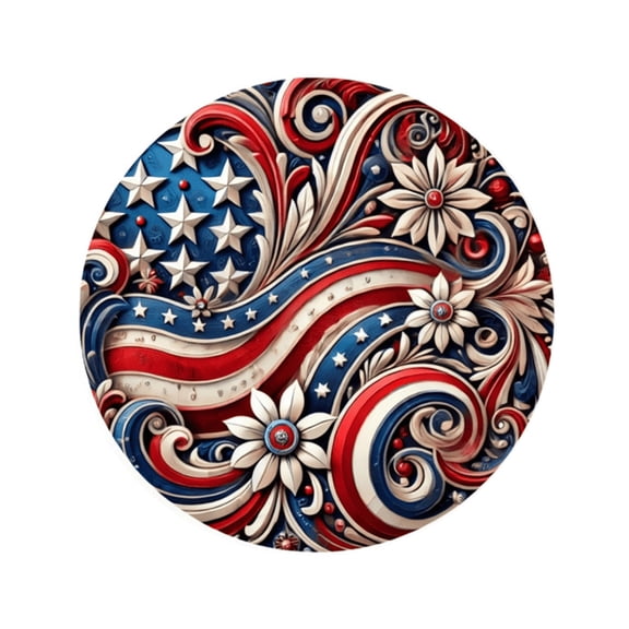 Round Decorative Plate with American Flag Inspired Star and Floral Pattern for Home Wall Display and Tabletop Use