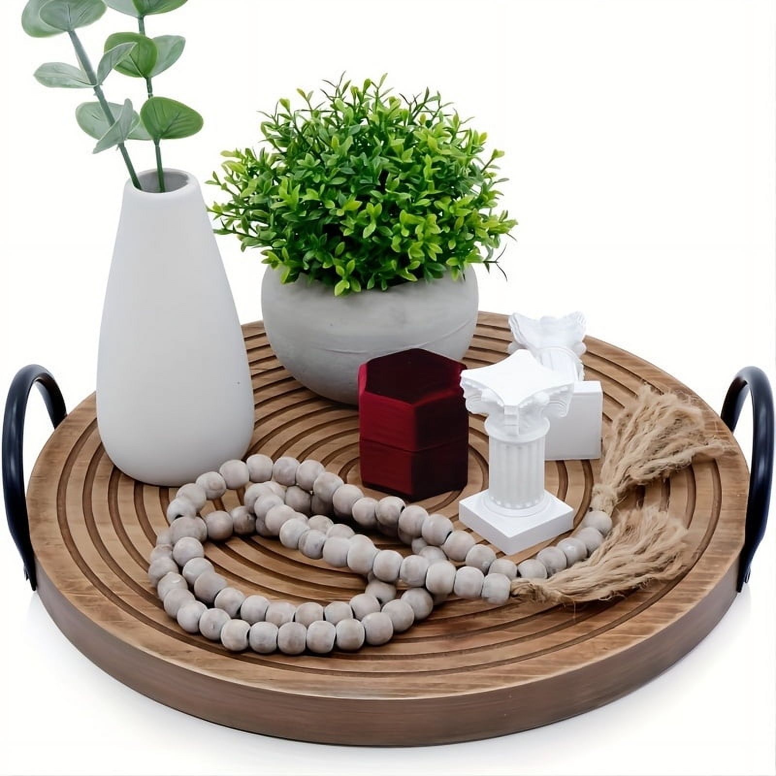 Round Decorative Serving Tray with Metal Handles, Wooden Coffee Table ...