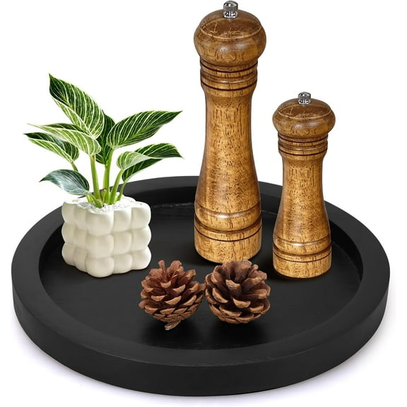 Round Decorative Tray for Coffee Dining Table Countertop Small Wooden Serving Trays Farmhouse Kitchen Home Living Room Decor and Bathroom Accessories Tray Black Rustic Wood Candle Centerpiece Trays