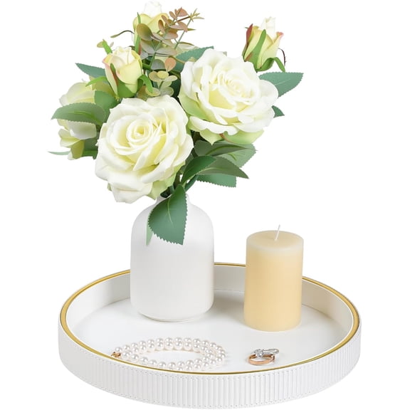 Round Decorative Tray for Coffee Table Decor, PU Leather Coffee Table Tray Golden Trim for Home Decor Living Room Dining Table, Perfume Trays Nightstand Organizer (White)