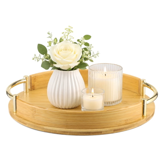Round Decorative Tray with Gold Metal Handles, 11.8 in Wood Serving Tray, Elegant Circular Design, Classic Wood Color and Gold for Coffee, Food, Home Decor, Kitchen Storage