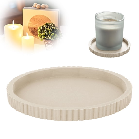 Round Decorative Tray,Non‑slip and Shatter‑proof Ribbed Coffee Table Tray Modern Bathroom Vanity Trays for Dresser,Jewellery,Toilet,Bedroom Kitchen Countertop,Candle Holder Storage Organizer (Beige)