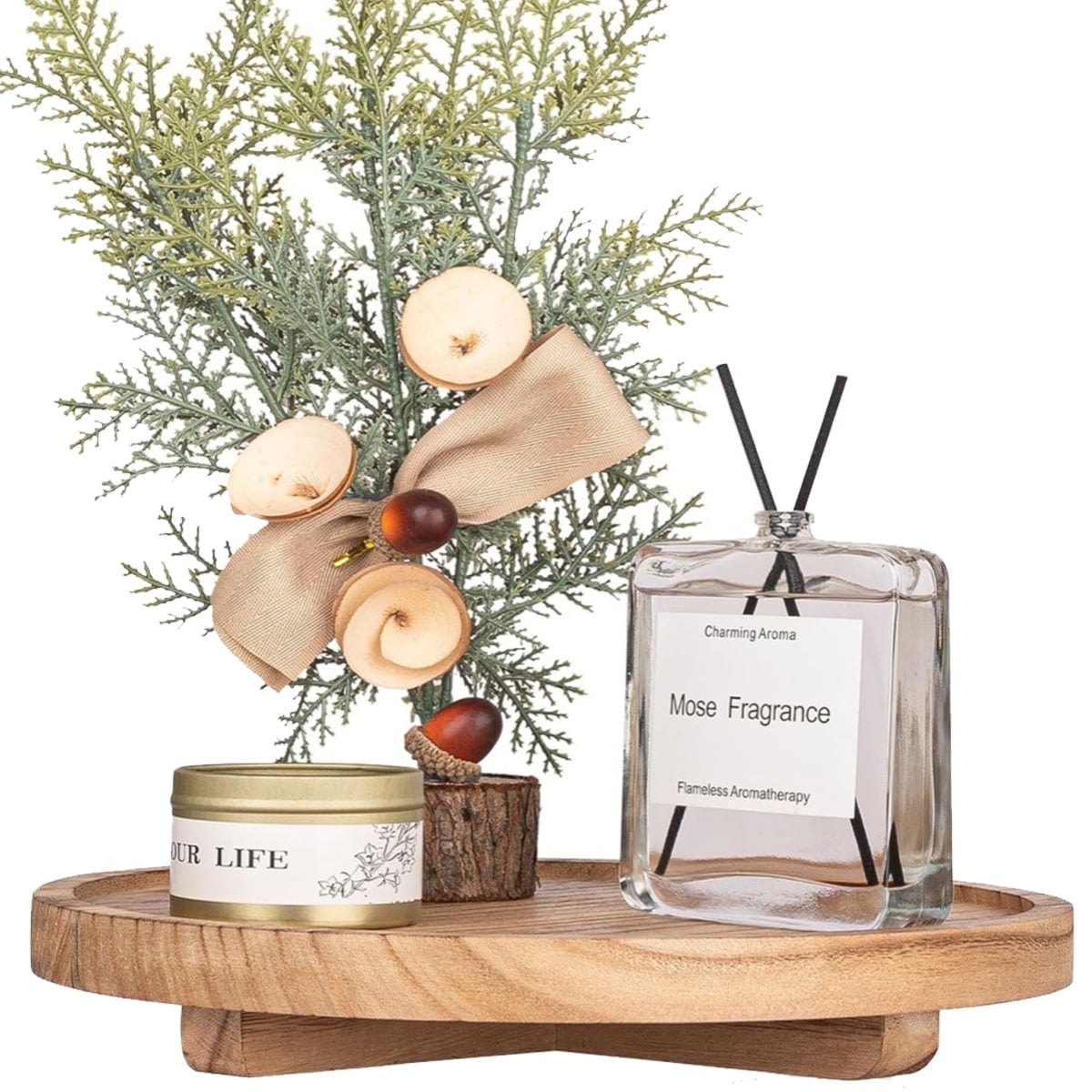 Round Decorative Tray, Versatile Bathroom & Kitchen Organizer , 10" Brown Riser for Soap, Perfume, Candle, Wooden - Walmart.com