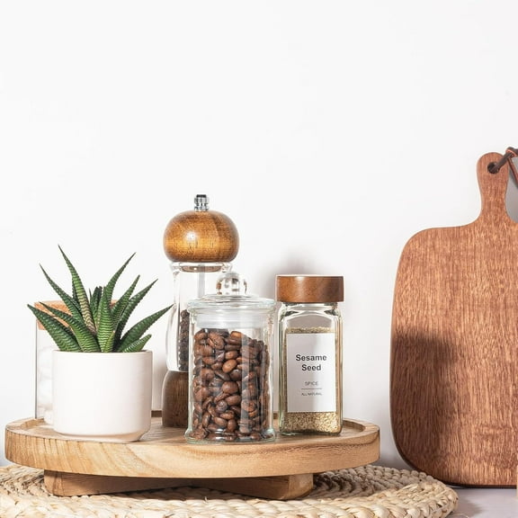 Round Decorative Tray Wood Bathroom Counter Organizer Farmhouse Kitchen Decor Wooden Riser for Soap Dish, Perfume, Candle, Sponge, 10" - Brown