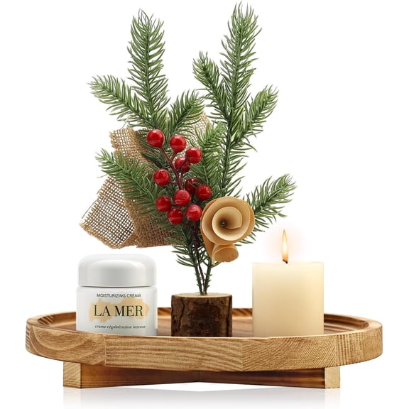 Round Decorative Tray Wood Bathroom Counter Organizer Farmhouse Kitchen Decor Wooden Riser for Soap Dish, Perfume, Candle, Sponge, 10" - Brown