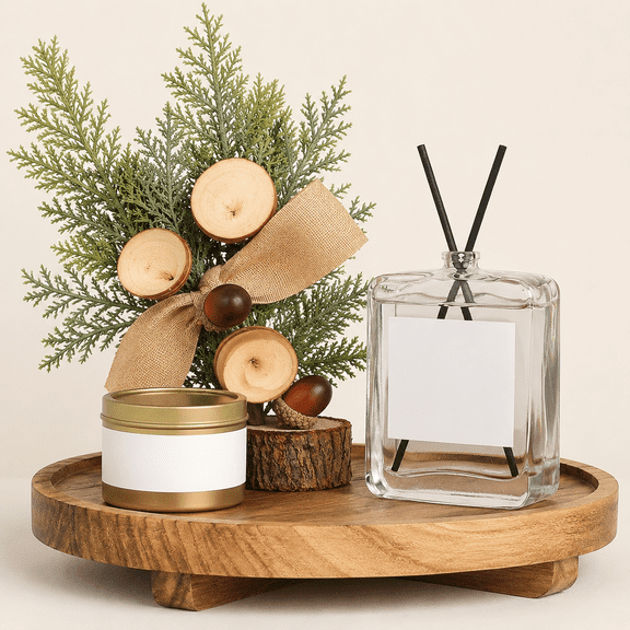 Round Decorative Tray Wood Bathroom Counter Organizer Farmhouse Kitchen Decor Wooden Riser for Soap Dish, Perfume, Candle, Sponge - Brown