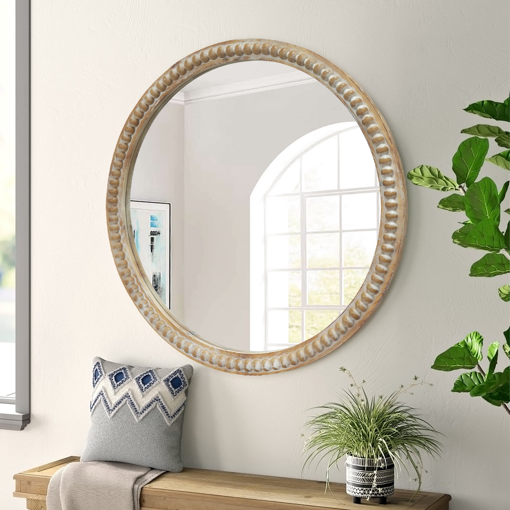 Round Decorative Wall Mirror, 35.43" Distressed Wood Beaded Frame ...