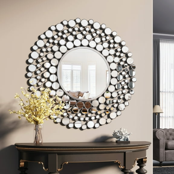 Round Decorative Wall Mirror, Large Modern Silver Mirror for Wall Decoration, 35 Inch Round Metal Frame Vanity Mirror for Living Room Bedroom, Entryway, Foyer, Hallway