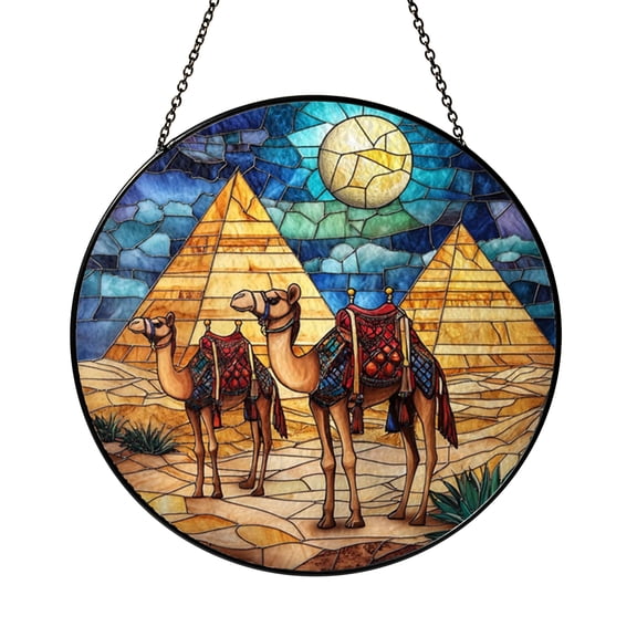 Round Desert Camel Pyramid Glass Suncatcher Window Decor, Ancient Scenic Ornament Gift for Interior Style