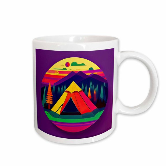 3drose, Round Design of a Yellow and Red Tent, Purple Mountains. Happy Camper, 11oz Mug