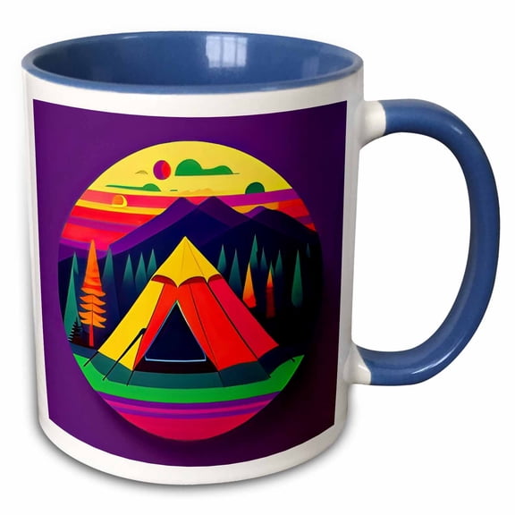 3drose, Round Design of a Yellow and Red Tent, Purple Mountains. Happy Camper, 11oz Two-tone Blue Mug