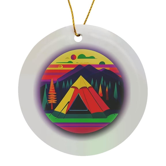 3drose, Round Design of a Yellow and Red Tent, Purple Mountains. Happy Camper, Circle Porcelain Ornament