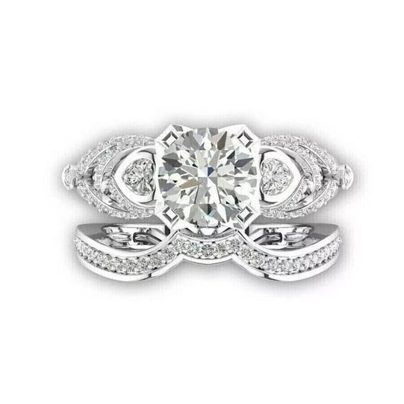 Round Diamond Bridal Ring Set, Cluster Diamond Ring Set, Solitaire With Accent Ring With Matching Band, Diamond Wedding Ring Set, 2.3 Ct Simulated Diamond, 925 Sterling Silver