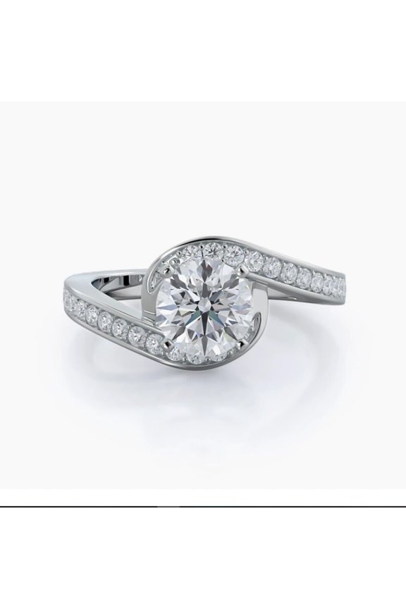 Round Diamond Bypass Shank Engagement Ring, Accents Diamond Ring, Stacking Ring, 14K White Gold Plated, 2.2 Ct Simulated Diamond