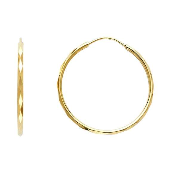 Round Diamond Cut Hoops Solid 14k Yellow Gold Endless Earrings Polished Finish Genuine 25 x 1.5 mm
