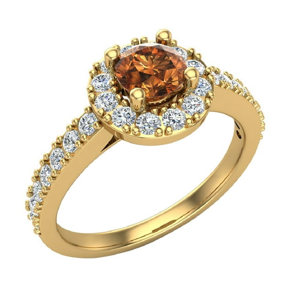 Round Diamond Fancy Champagne Intense Color Halo Engagement Ring 1 CT TW 14K Gold