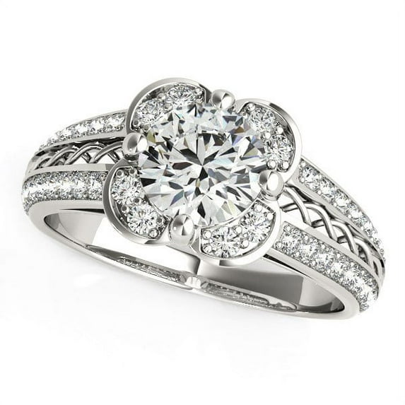 Round Diamond Floral Motif Engmt Ring 14k Gold 1 3/8 cttw SZ 4.5