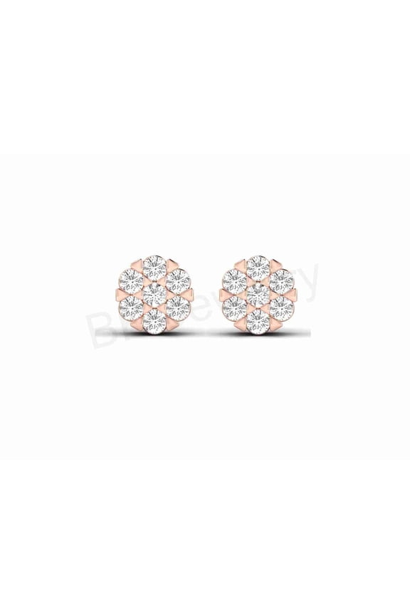 Round Diamond Flower Cluster Stud Earrings – 14K Rose Gold Plated Sterling Silver Screw Back Brilliant Cut – Gift for Unisex