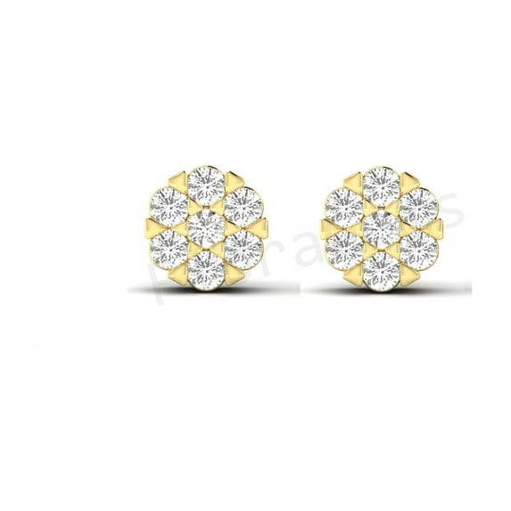 Round Diamond Flower Cluster Stud Earrings – 14K Yellow Gold Plated Sterling Silver, Screw Back, Brilliant Cut – Gift for Men & Women