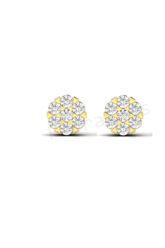 Round Diamond Flower Cluster Stud Earrings – 14K Yellow Gold Plated Sterling Silver, Screw Back, Brilliant Cut – Gift for Men & Women