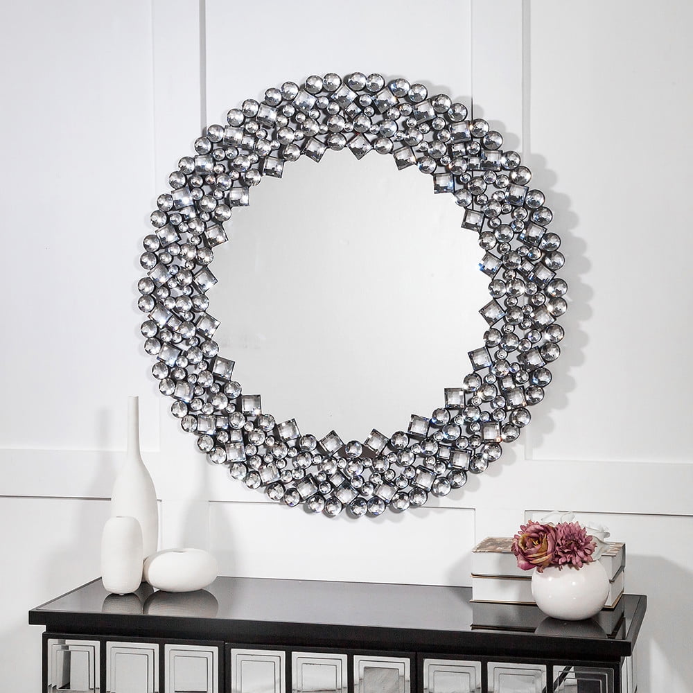 Rectangular Silver Wood Wall Mirror with Crystal Accents