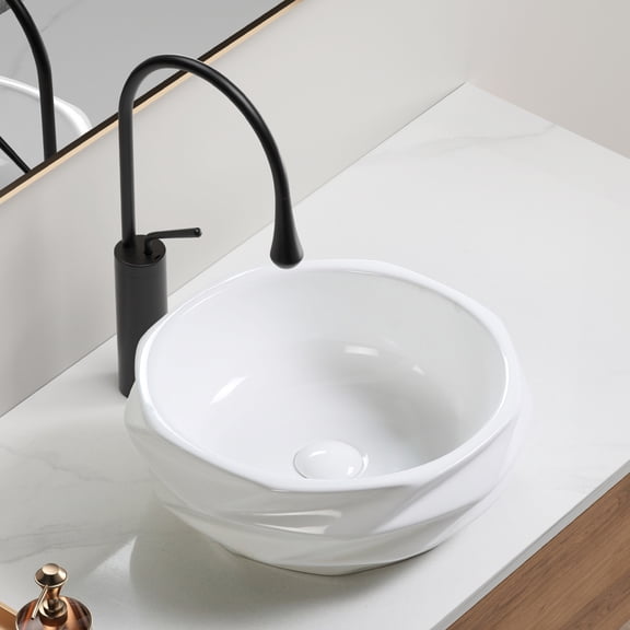 Round Diamond Quilted Ceramic Vessel Sink with Textured Surface, No Faucet Hole, Gloss White Finish, Compact 15.75 Inch Basin for Small Bathrooms, Powder Rooms, and RV Use