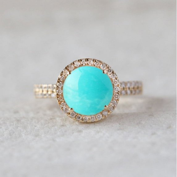Round Diamond and Turquoise Helo Wedding Ring, Fine Jewelry For Chirstmas Gift for Wife, Gift for Womens, December Turquoise Birthstone Ring, Proposal Ring.