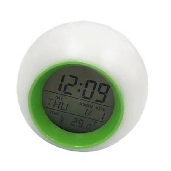 Round Digital Alarm Clock With Multicolor Mood Lamp Calendar Temperature Display Function Battery Operated Design