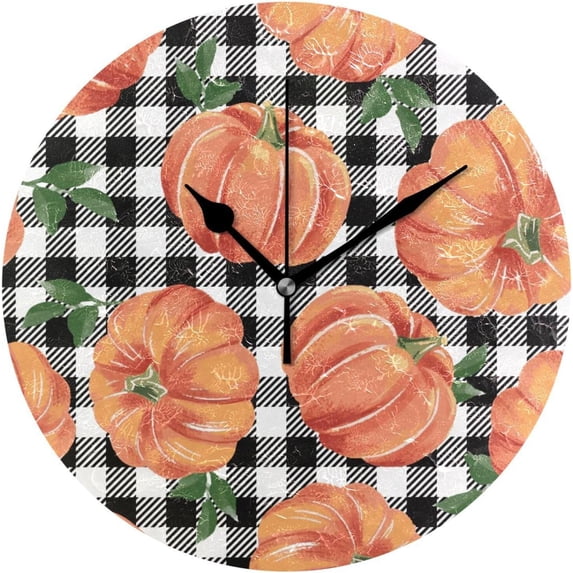 Round Digital Clock Autumn Pumpkins with Black and White Gingham Pattern Creative Decorative Quiet Not Ticking Clock,Bedroom Living Room Bathroom Kitchen Office Wall Ornament, 10In