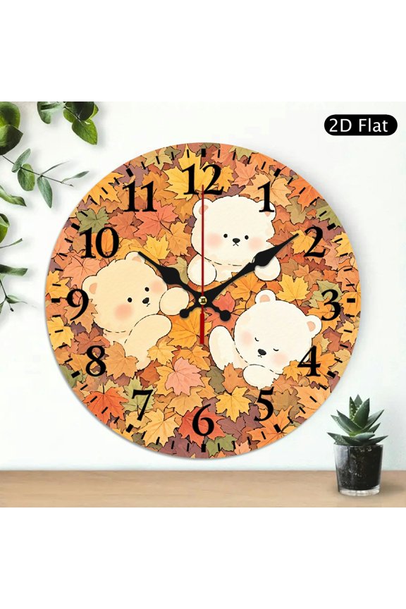 Round Digital Wall Clock 10x10 Inch Cute Stylized White Bears Resting On Autumn Leaves Art 1pc Battery Not Included