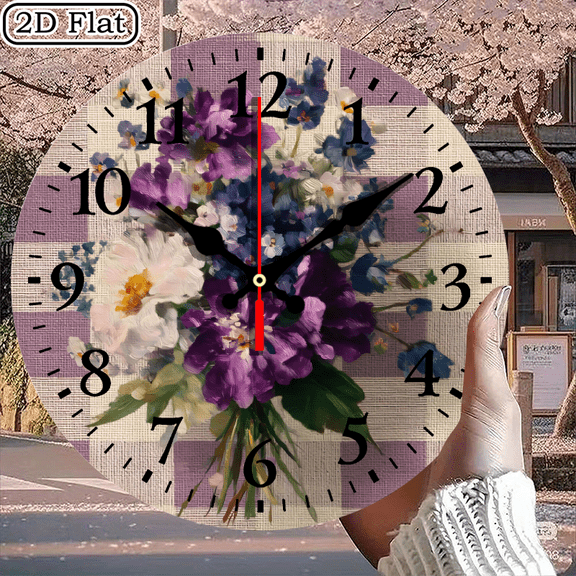Round Digital Wall Clock 10x10 Inch Featuring Vibrant Violet Blue Floral Bouquet Against Purple White Checkered Background 1pc Battery Not Included