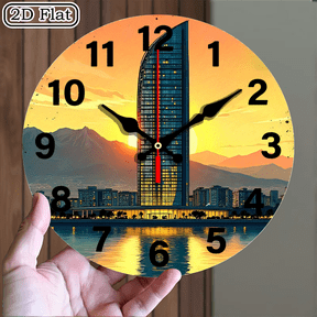 Round Digital Wall Clock 10x10 Inch Futuristic Cityscape Sunset Reflection Modern Design Home Decor 1pc Battery Not Included