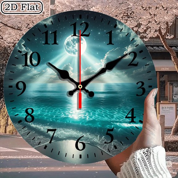 Round Digital Wall Clock 10x10 Inch Night Seascape Moonlit Ocean Scene Art Decor 1pc Battery Not Included