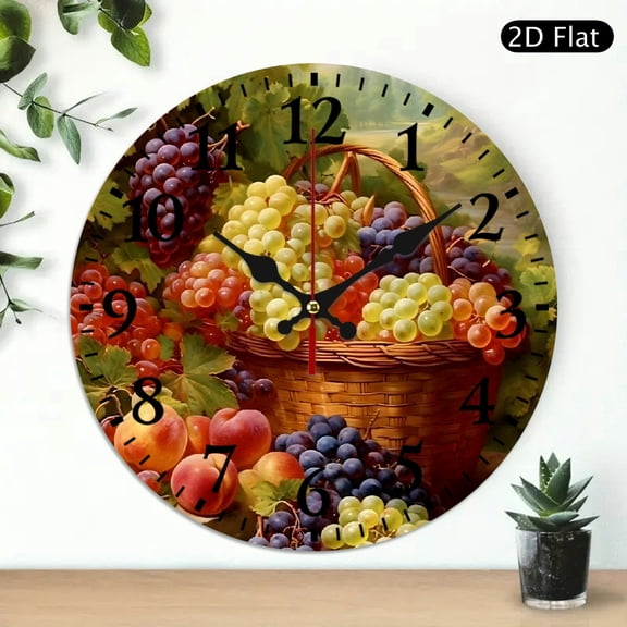 Round Digital Wall Clock 10x10 Inch Realistic Fruit Still Life Painting Grapes Peaches Vineyard Scene Battery Not Included 1pc