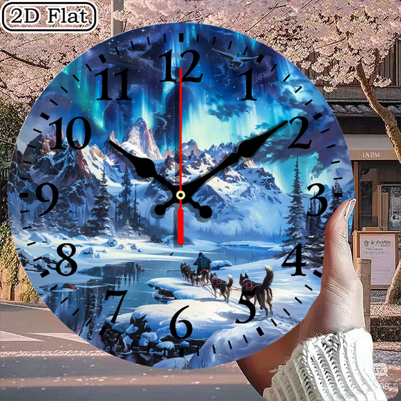 Round Digital Wall Clock 10x10 Inch Winter Aurora Borealis Husky Sled Scene Battery Not Included
