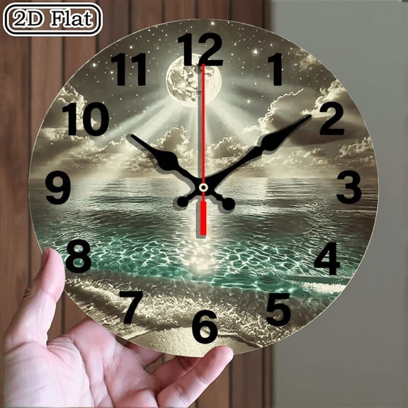 Round Digital Wall Clock Serene Night Seascape Full Moon Ocean View 10x10 Inch 1pc Battery Not Included