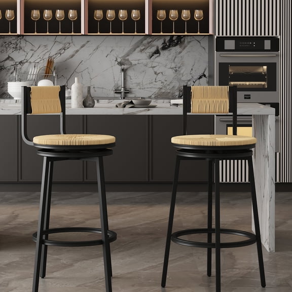 Round Dining Room Bar Stools | 360° Swivel for Easy Communication | Paper Rope Seat and Back for Breathability | Ensure Comfort with Sturdy Footrest