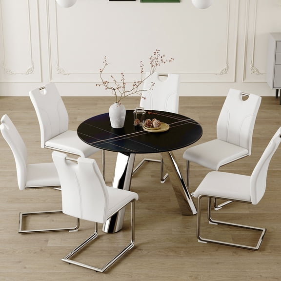 Round Dining Set with 6 Chairs | Appropriate for Family and Social Events | Sintered Stone Surface and Metal Frame | Quick Assembly of Chairs